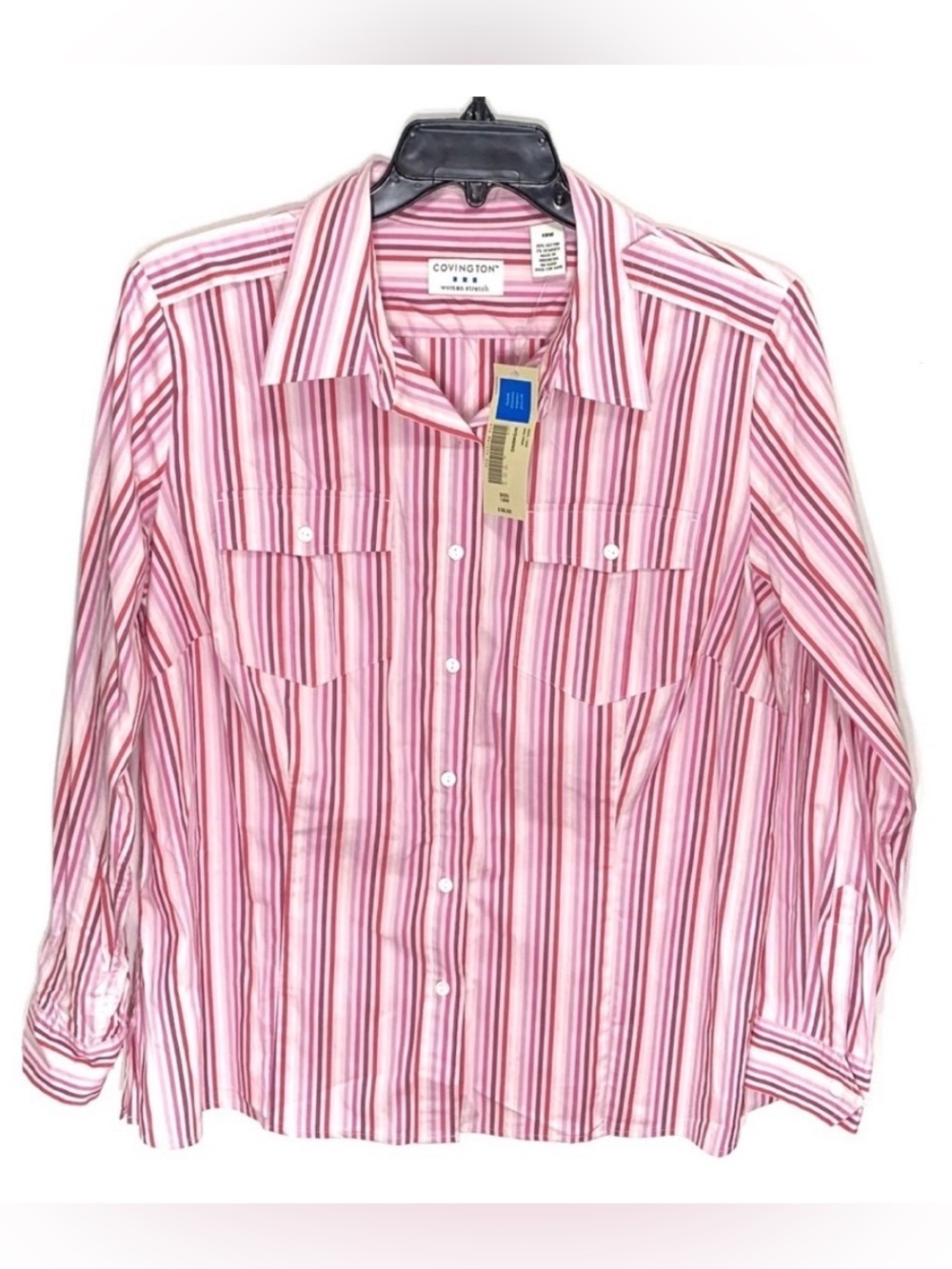 Covington Shirt Women’s Size 18W Pink Purple White Stretch Button Front Casual